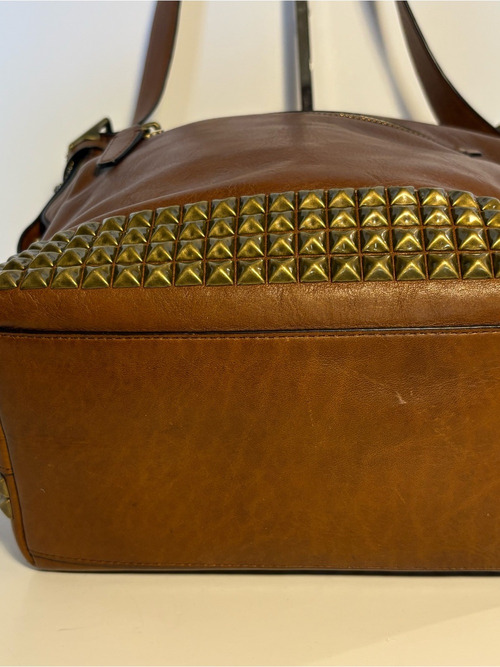 COACH Tan Leather Stud-Trim Shoulder Bag with Tassel - Picture 4 of 10